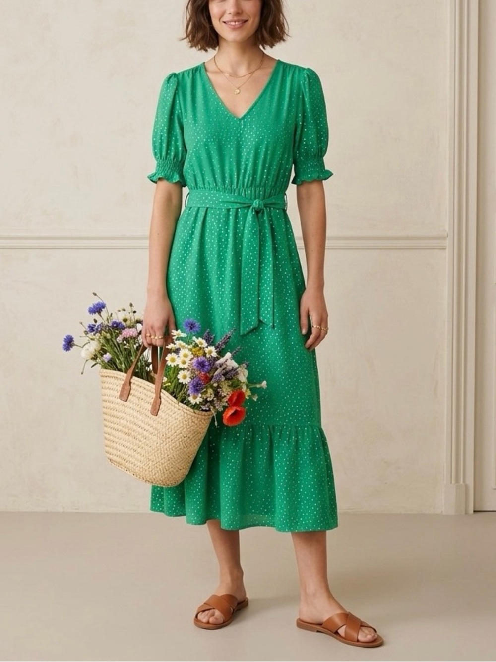Emily Daniels Green Midi Dress Silver Foil Polka Dot Smocked Sleeve